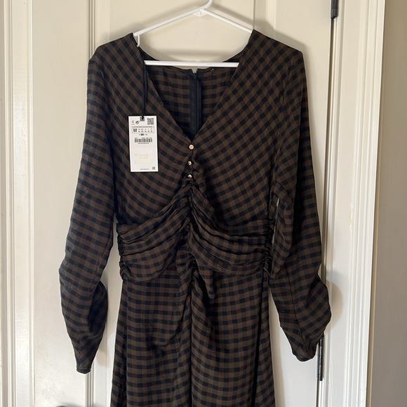 ZARA lovely textured checked draped midi dress in brown & black🔥🔥🔥 - Picture 9 of 10